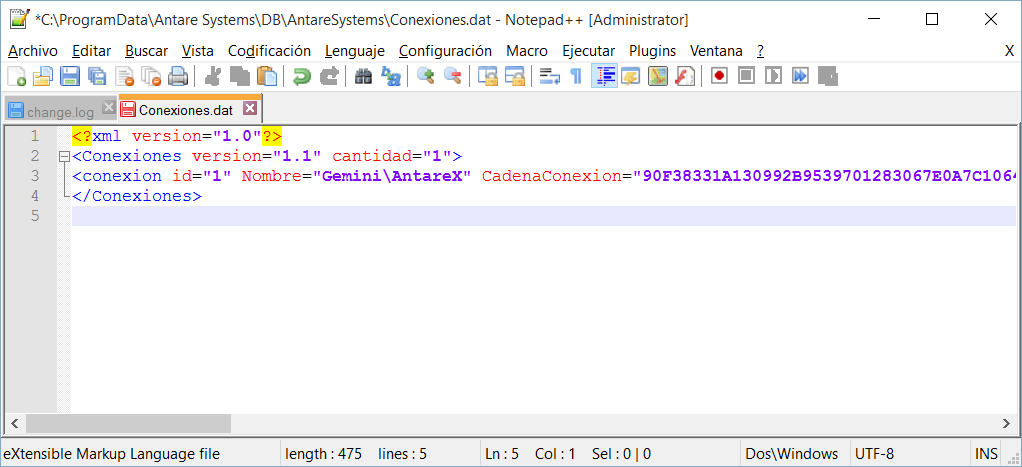 Archivo Conexiones.dat abierto con Notepad++