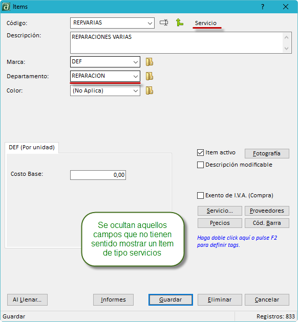 Item creado bajo el departamento Servicios Item creado bajo el departamento Servicios